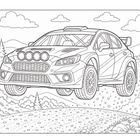 Ein Rallyeauto springt über eine hügelige Straße, umgeben von Bäumen und Wolken.