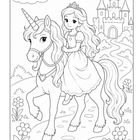 Ein Mädchen auf einem Einhorn reitet zu einem Schloss. Blumen säumen den Weg, und Wolken schweben am Himmel.