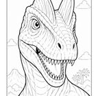 Illustration eines Dinosauriers mit offenem Maul. Im Hintergrund sind Berge und Palmen zu sehen.