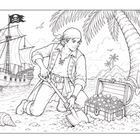 Ein Pirat gräbt auf einer Insel einen Schatz aus. Ein Schiff mit Piratenflagge ankert im Hintergrund.