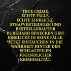 Text in gelber Schrift auf schwarzem, baufälligem Hintergrund: TRUE CRIME. ECHTE FÄLLE. ECHTE EINBLICKE...