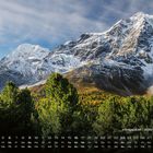 Königspitze - 3.851 m (Italien). Kalender mit Berglandschaft, schneebedeckte Gipfel, grüne Wälder im Vordergrund.