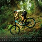 Kalenderseite mit Datum und Wochentagen unten. Ein Mann fährt mit hohem Tempo auf einem Mountainbike durch einen Wald.