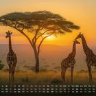 Kalender unten: Tage 1-31, Mai. Drei Giraffen, Akazienbaum, Sonnenuntergang. Savanne im Hintergrund.
