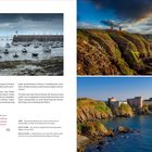 Links: Zitat über Cap Fréhel und Fort La Latte. Rechts: Bilder von einem Hafen, Leuchtturm auf Klippen und einer Festung am Meer.