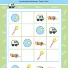 Oben steht: "Sudoku. Welches Bild gehört in welches Feld?" Darunter ein 4x4-Raster mit Autos, Xylophonen, Zauberstäben und Sternen.