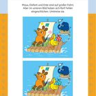Fehlersuche: Zwei Illustrationen mit Maus, Elefant und Ente auf Flößen. Fünf Fehler im unteren Bild.