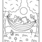 Illustration: Ein Bär mit Schlafmaske und Buch liegt in einer Hängematte. Neben ihm ein Getränk mit Zitrone, Blumen und Vogel.