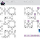 Seite 10: Zahlenraum 1-100. Addition und Subtraktion. Seite 11 ähnlich. Rätselgitter mit Zahlen und Rechenzeichen.