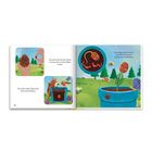 Links: „Sie nahm mich mit nach Hause... ein großer blauer Topf...” Rechts: „In der warmen Erde... Eines Tages brach ich durch...”. Verspielte Illustration einer Pflanzung mit Tieren.