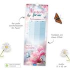 "Momente für uns. Beziehungsplaner 2027. Der große Streifenkalender für Paare! Titelblatt mit Glanz-Effekt. Größe: 15 x 42 cm." Pastellfarbenes Design mit Blumen und Schmetterlingen.