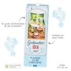 "Großmutters Küche 2027", großer Streifenkalender mit Rezepten. Illustration: Großmutter und Kind in der Küche.
