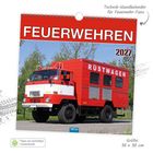 Oben steht "FEUERWEHREN", "Technik-Wandkalender", "2027". Ein roter Rüstwagen auf einer Straße, Kalendergröße 30x30 cm.