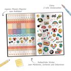 Eigenes Monats-Register zum Ankleben, 2 tolle Stickerseiten, farbenfrohe Sticker zum Markieren, Sortieren und Dekorieren.