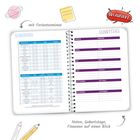 "Organisiert" in roter Sprechblase. Links Ferienkalender, rechts Geburtstagsliste (Monate: Januar bis Dezember).