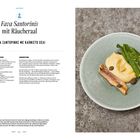 "Fava Santorinis mit Räucheraal" steht oben. Links Rezeptdetails, rechts ein Teller mit gelbem Püree, Aalfilet, Spinat.