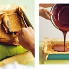 Zwei Bilder: Links wird ein Teig mit einem Spatel in eine Form verteilt, rechts wird Schokolade aus einer Schüssel darauf gegossen.