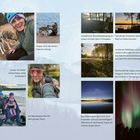 Texte: "Happy nach der ersten Seeumrundung", "Immer mit dabei: meine kleine, wilde Entdeckerin", "Gemütlicher Abendspaziergang...".

Naturszenen mit Hunden, Abenteuer, Familie und Nordlichtern in Schweden. Mischung aus Porträts und Landschaftsansichten.