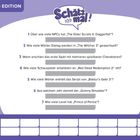 "Schätz mal!" steht in einer Sprechblase. Das Bild hat eine lila Farbgebung und enthält sieben Fragen zu Videospielen. Unten Felder für Name und Punkte.