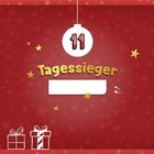 „11 Tagessieger“ steht in goldener Schrift vor einem roten Hintergrund mit Sternen. Unten Geschenk-Skizzen.