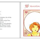 Text "Wunschliste". Links Gedicht "All mein Gedanken". Rechts Illustration mit lächelnder Person, umrahmt von Herzen und Pfeilen.