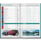 Inhaltsverzeichnis mit Tournamen und Details in einer Tabelle, darunter Fotos von Blumen und Schwänen im Wasser.