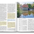 Texte: Tipp: Filigran und fragil zeigt...; Tipp: Ein empfehlenswerter Abstecher...; Schlossholte; Weiter geht’s; Schloss Rheda. Eine Zeitschrift Doppelseite mit viel Text und einem Foto eines Fachwerkhauses an einem Fluss.