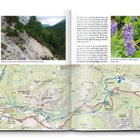 Der Text beschreibt die Karnischen Alpen und den Höhenweg. Rechts erklimmen zwei Personen einen Gipfel mit einem großen Gipfelkreuz.