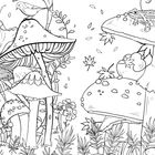 Illustration: Große Pilze mit verzierten Hüten, ein Vogel, ein Frosch und ein hamsterartiges Tier in einer Waldlandschaft.