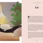 Titel: „Reiki“. Ein Text beschreibt Reiki als energetische Heilmethode, entwickelt von Usui Mikao. Illustration: Person mit geschlossenen Augen und Hände darüber, strahlt Licht.