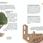 "AKROPOLIS", Texte über Geschichte und Monumente. Illustrationen: Olivenbaum, Eule, Karyatiden, antikes Theater.