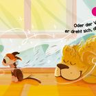 Text: "Oder der Ventilator: Auch er dreht sich, aber viel schneller!" Illustration mit Ventilator, Hund und Katze in einem Raum.