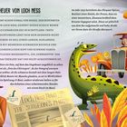 "Das Ungeheuer von Loch Ness" und Text beschreiben Nessies Aussehen und Sichtungen. Illustration zeigt Nessie neben einem Auto.