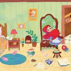 Zimmer voller Spielsachen, bunte Einrichtung, Mädchen im roten Cape vor einem Spiegel, Frau mit Schürze in der Tür.
