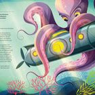 Krake: In den Tiefen des Ozeans lauern Kreaturen. Illustration: Ein Oktopus umschlingt ein U-Boot umgeben von Korallen.