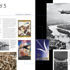 Kapitel 5: Die Geburt der Zivilluftfahrt. Drei Poster mit Flugzeugmotiven und altem Luftbild einer Stadt mit Fluss.