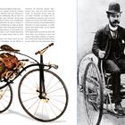 Texte erklären die Geschichte des Motorrads von frühen Motoren bis hin zu Dampfmaschinen. Links ein antikes Fahrrad. Rechts ein Mann auf einem Dreirad.
