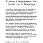 Text im Fokus: „Kosmetik & Pflegeprodukte: Was über die Haut ins Blut gelangt“. Es geht um Schwangerschaft und Hautpflege.