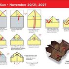 Anleitung zum Falten eines Papierfliegers mit Tarnmuster, genannt "Twin Prop", mit detaillierten, nummerierten Schritten.