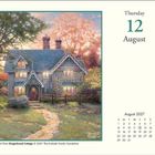 Der Text zeigt: "Thursday 12 August" und "August 2027." Die Illustration zeigt ein malerisches Steinhaus im Wald.