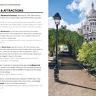 **SIGHTS & ATTRACTIONS**

Montmartre Cemetery: Opens 1825, famous burials.  
Musée de Montmartre: Art, history exhibitions.  
Sacré-Coeur: 19th-century basilica, hilltop view.  
La Maison Qui Coule: Optical illusion sink.  
Le Moulin de la Galette: Historic windmill restaurant.

**Rechte Seite:**  
Pfad mit Laterne, Tunnel aus Blättern, weiße Kathedrale im Hintergrund.