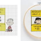 Links: "PSYCHIATRIC HELP 5¢ - THE DOCTOR IS IN". Rechts: Gleiche Szene als Stickarbeit.