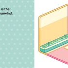 Text: "This calming spa is the perfect place to unwind." Illustration eines Spas mit Badewanne und Fenster zur Natur.