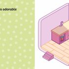 Text: "Wind down in this adorable laundry room." Illustration einer niedlichen Waschküche mit Spüle, Schrank und Fenster.