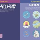 Texte: "BUILD YOUR OWN CONSTELLATION", "LISTEN UP". Illustrationen von Tieren und Objekten in runden Abzeichen.