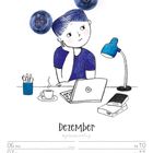 "Dezember" zeigt einen nachdenklichen Jungen am Schreibtisch mit Blaubeeren als Haar. Ein Kalender ist darunter abgebildet.