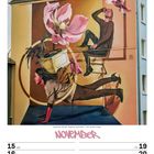 NOVEMBER. KW46/2027. Ein surrealistisches Wandgemälde mit Menschen, Blumen und einem Plattenspieler.