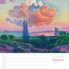 November 2027, 47. Woche. Gemälde mit Landschaft in kräftigen Farben. Himmel mit rosa und violetten Wolken.