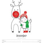 Kalenderseite: Dezember. Illustration: Rentier mit Knopfnase, Kind in roter Mütze und grünem Schal, KW50/2027.