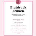 "Blutdruck senken" mit Tipps und Seitenzahlen. Illustration mit rosa Kreuz und Blatt.